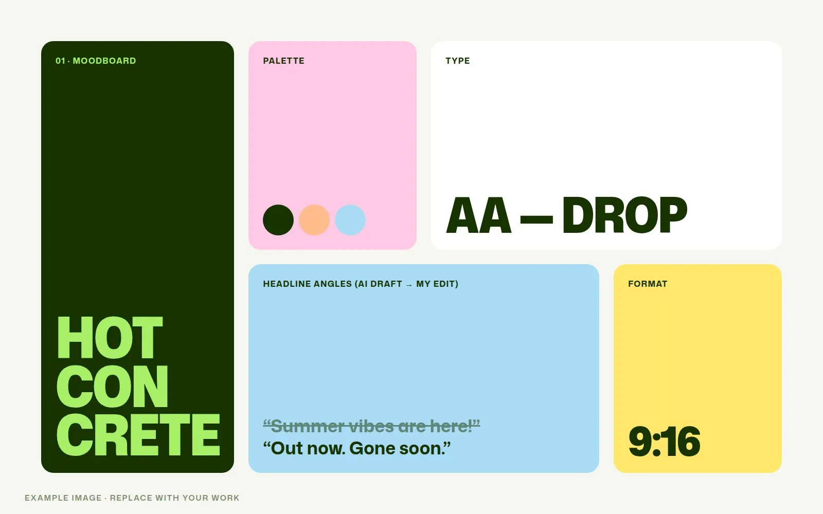 Moodboard, colour palette and headline exploration for the campaign